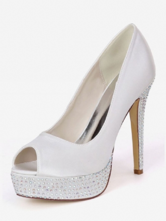 Bombas Noiva Peep Toe Com Plataforma Strass Feminina