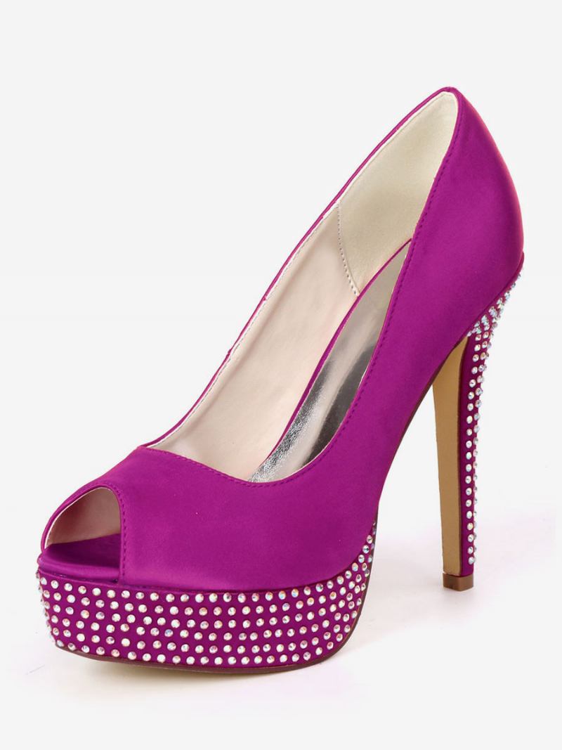 Bombas Noiva Peep Toe Com Plataforma Strass Feminina - Roxo