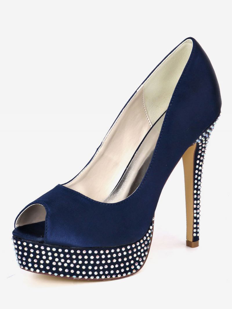 Bombas Noiva Peep Toe Com Plataforma Strass Feminina - Azul Profundo