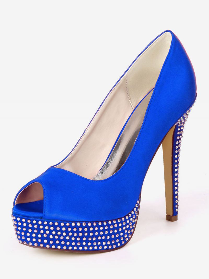 Bombas Noiva Peep Toe Com Plataforma Strass Feminina - Azul Royal