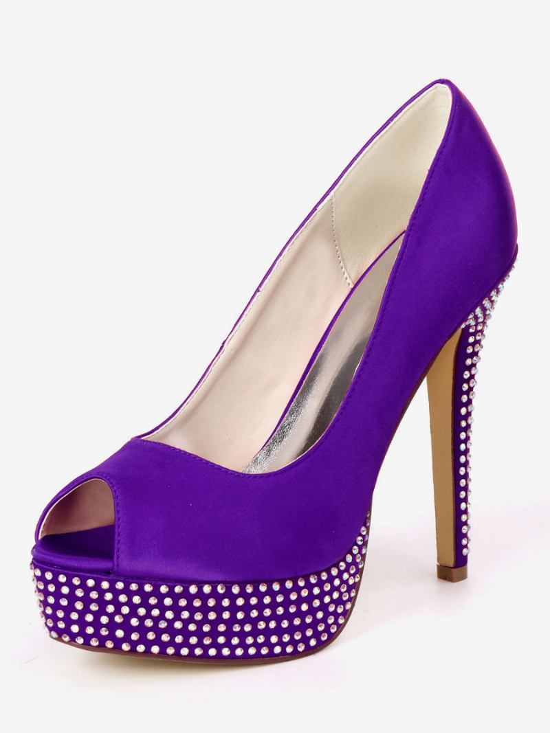 Bombas Noiva Peep Toe Com Plataforma Strass Feminina - Roxo Profundo