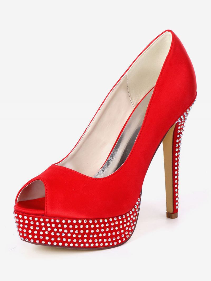 Bombas Noiva Peep Toe Com Plataforma Strass Feminina - Vermelho Turo