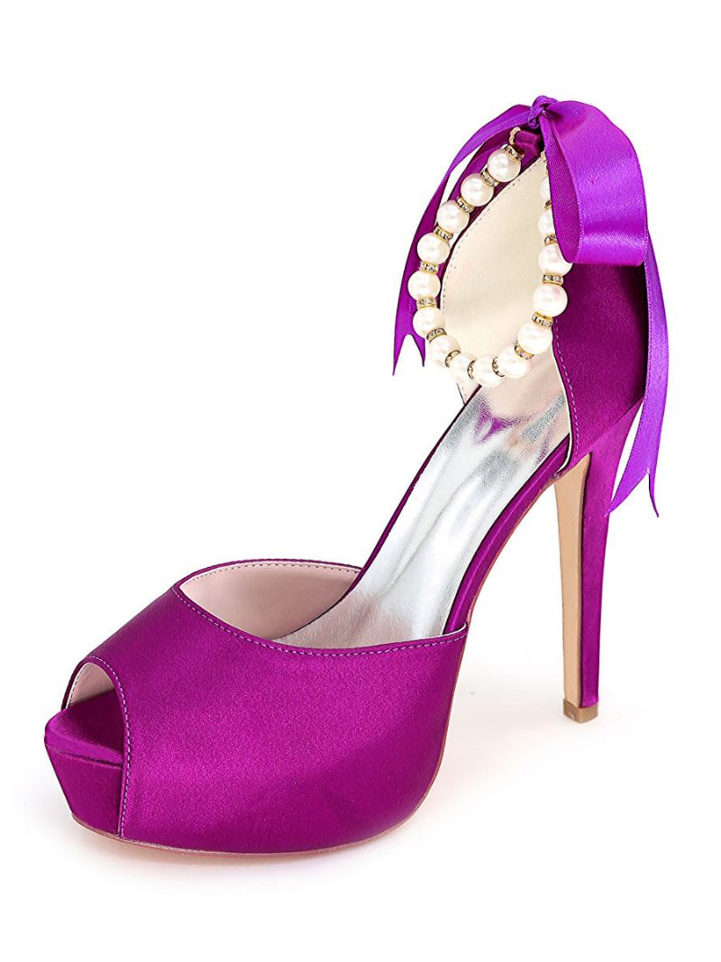 Bombas Noiva Salto Alto Peep Toe Com Pérolas Femininas - Roxo