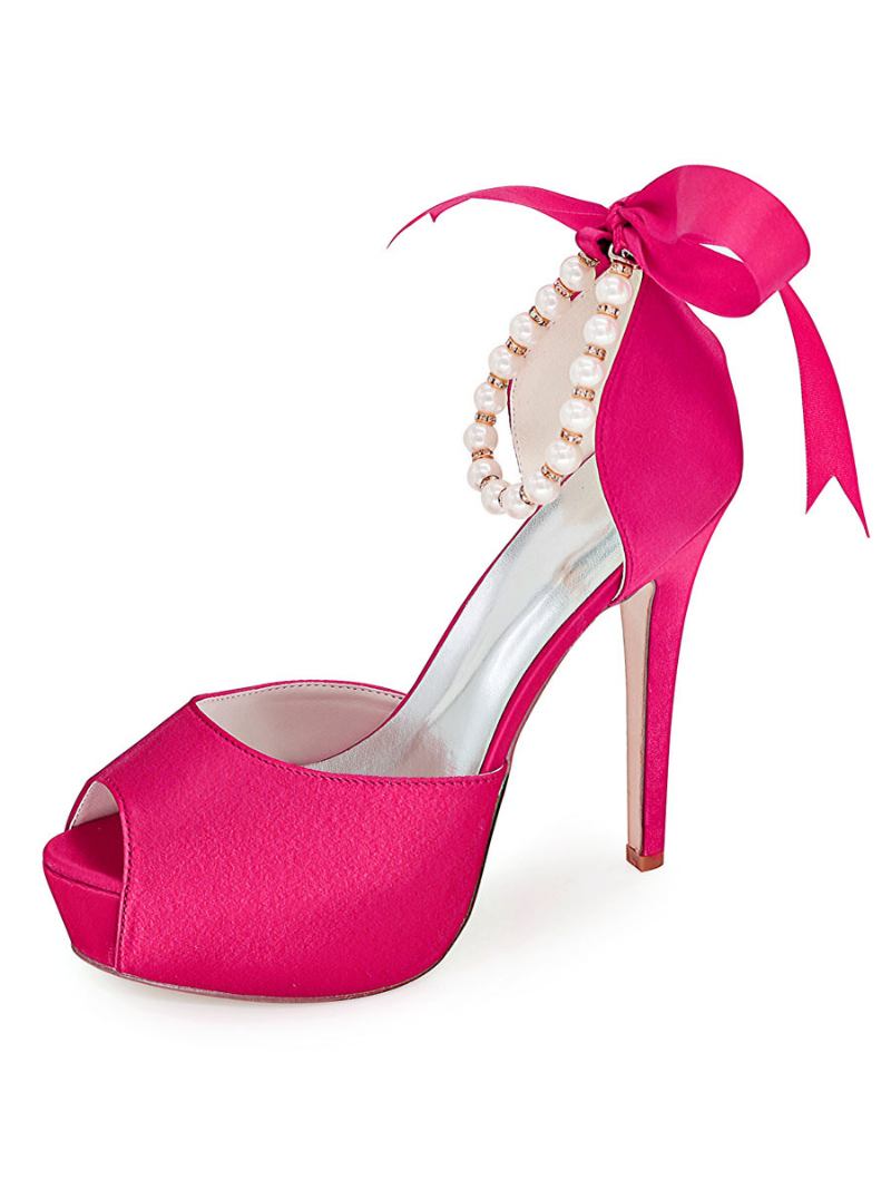 Bombas Noiva Salto Alto Peep Toe Com Pérolas Femininas - Rosa