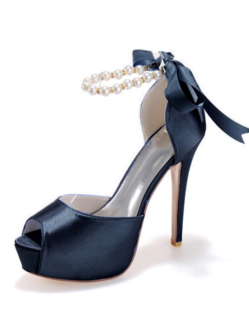 Bombas Noiva Salto Alto Peep Toe Com Pérolas Femininas - Azul Profundo