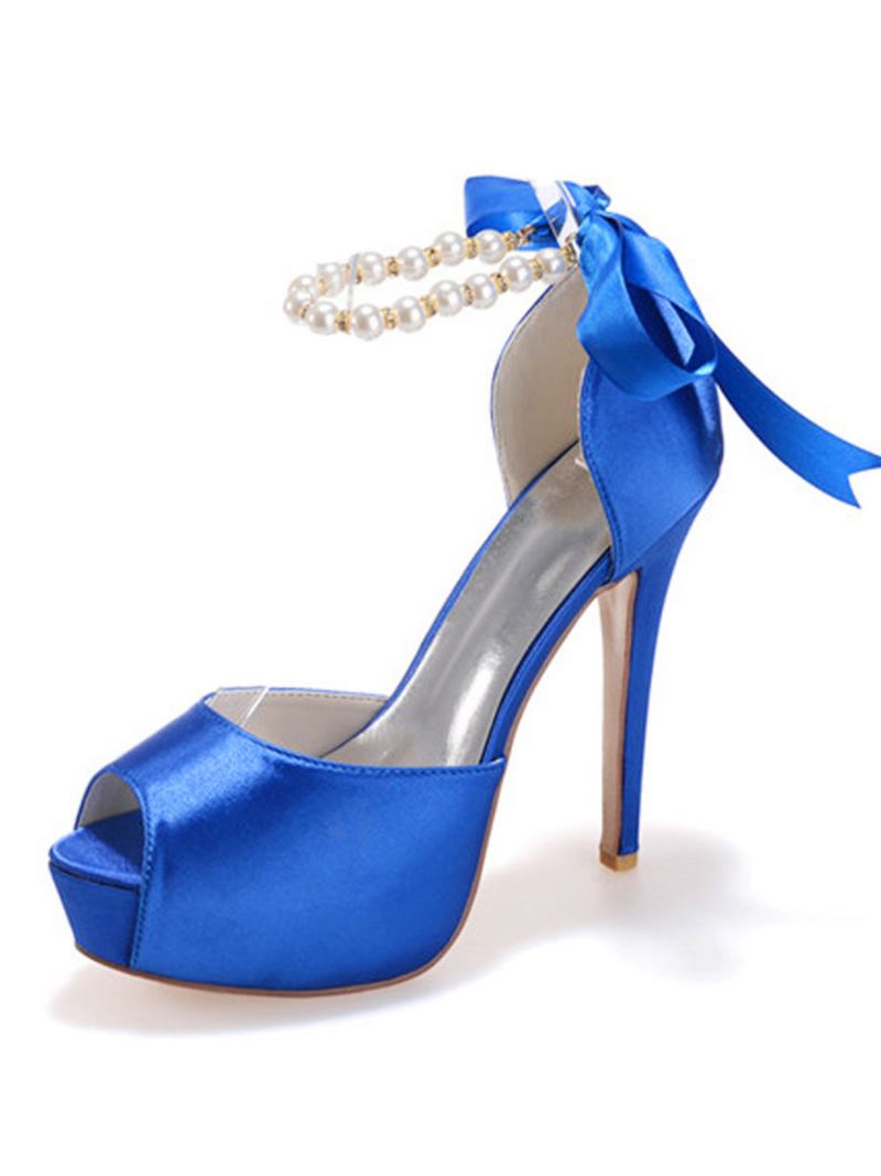 Bombas Noiva Salto Alto Peep Toe Com Pérolas Femininas - Azul Royal