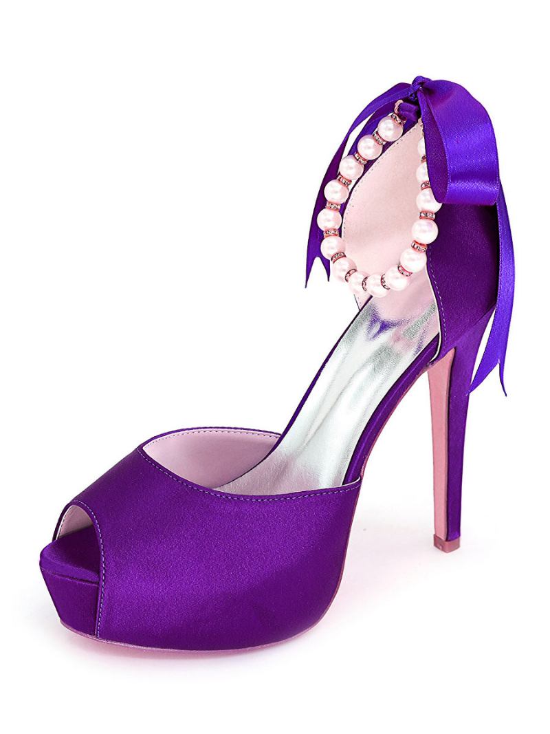 Bombas Noiva Salto Alto Peep Toe Com Pérolas Femininas - Roxo Profundo