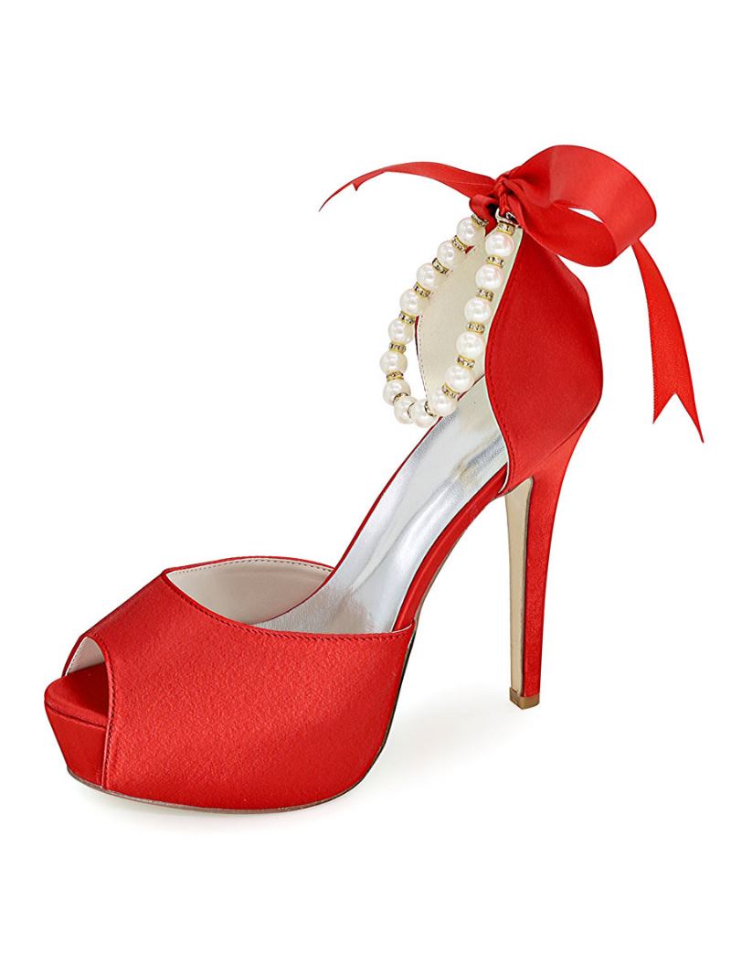 Bombas Noiva Salto Alto Peep Toe Com Pérolas Femininas - Vermelho Turo