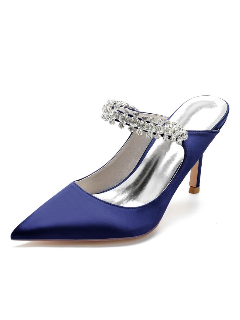 Mules Noiva Femininos Com Strass Bico Fino Salto Agulha Em Cetim - Azul Profundo