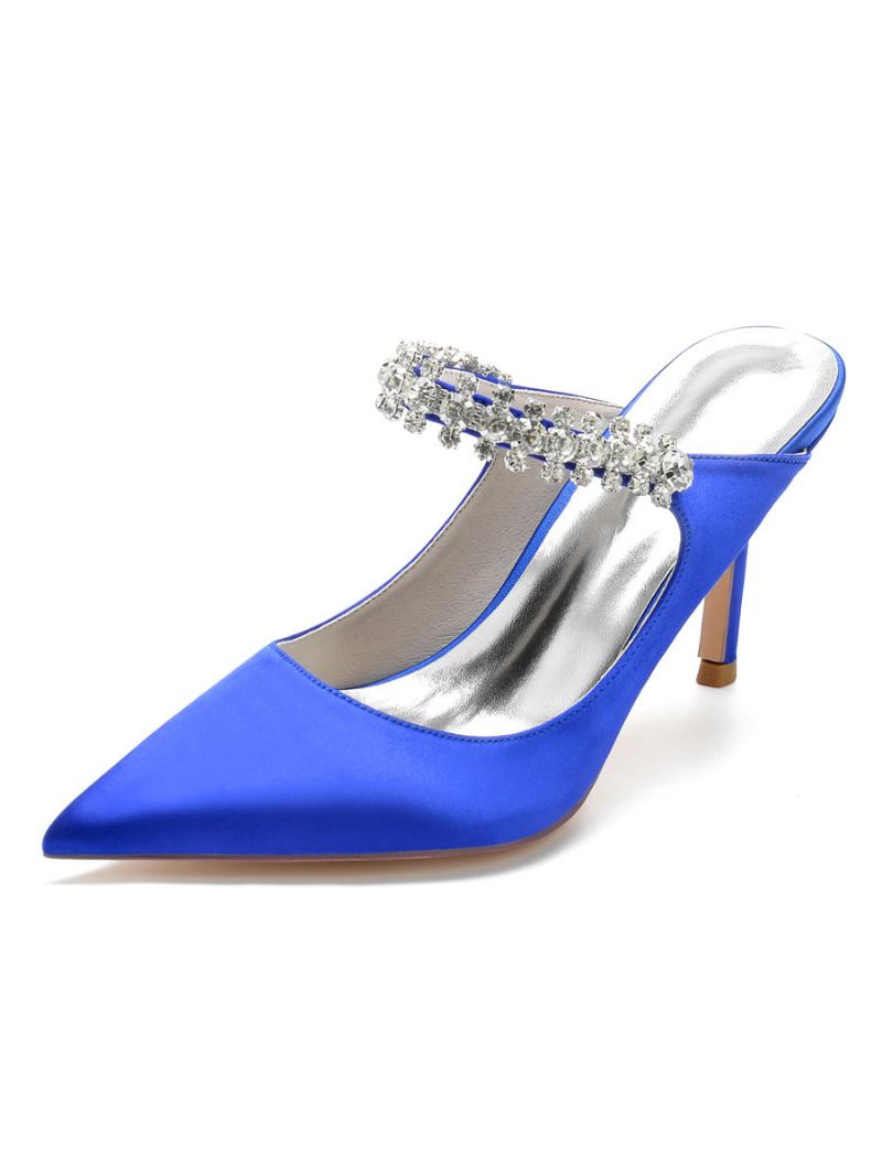 Mules Noiva Femininos Com Strass Bico Fino Salto Agulha Em Cetim - Azul Royal