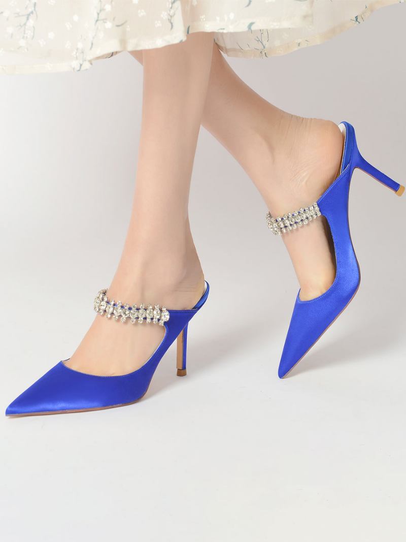 Mules Noiva Femininos Com Strass Bico Fino Salto Agulha Em Cetim - Azul Royal