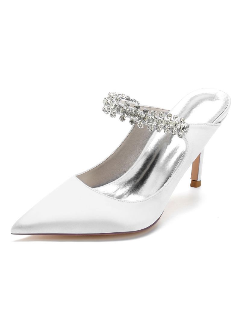 Mules Noiva Femininos Com Strass Bico Fino Salto Agulha Em Cetim - Branco