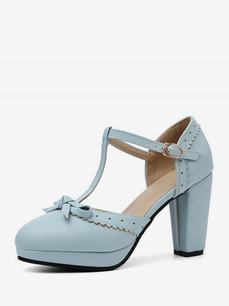 Mulheres Salto Alto Azul Couro Pu Bico Fino Tipo T Arcos Sapatos Vintage