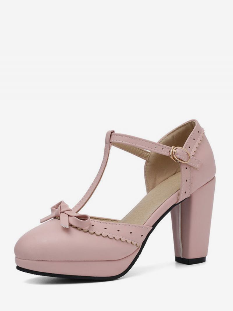 Mulheres Salto Alto Azul Couro Pu Bico Fino Tipo T Arcos Sapatos Vintage - Rosa