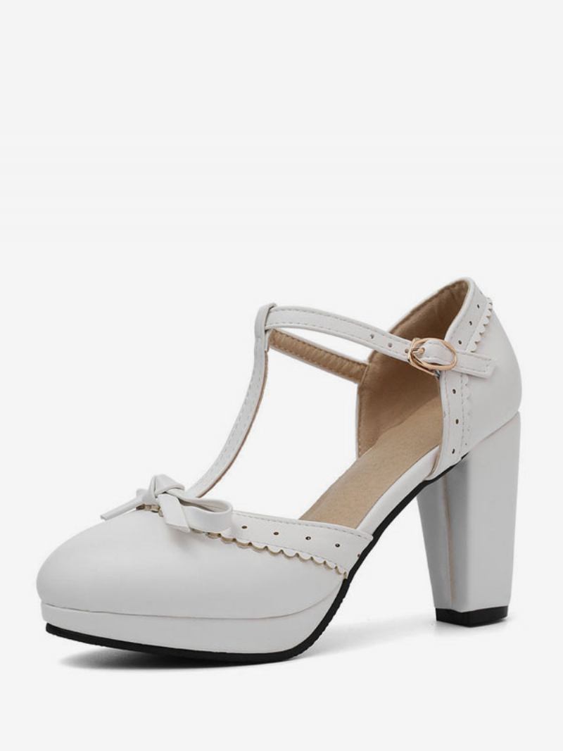 Mulheres Salto Alto Azul Couro Pu Bico Fino Tipo T Arcos Sapatos Vintage - Branco