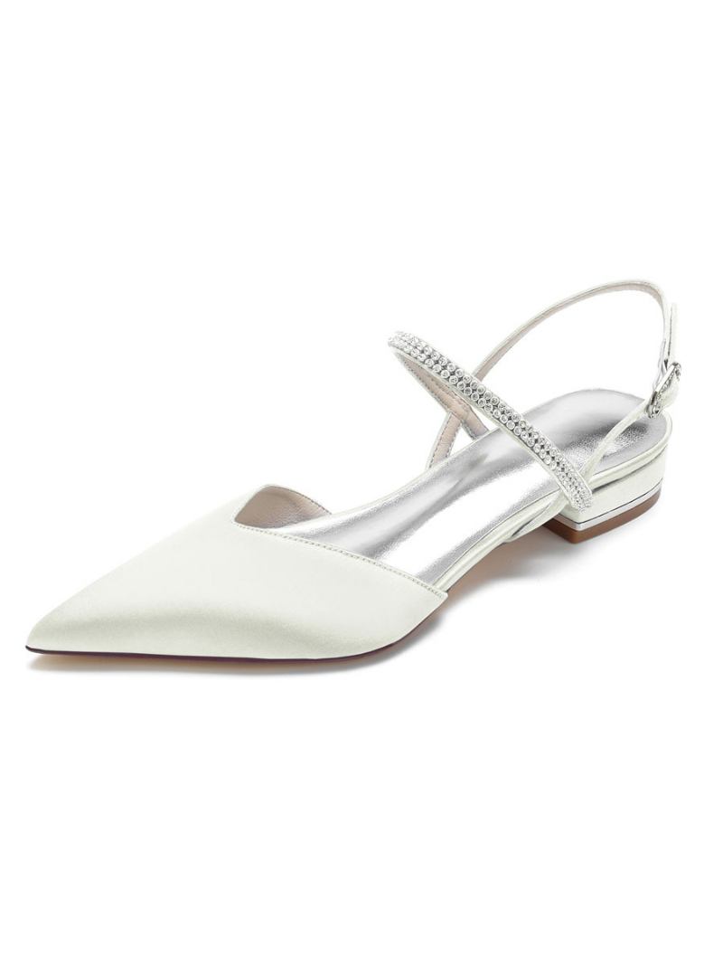 Sapatilhas Femininas Com Strass Mary Jane Slingback Em Cetim - Marfim