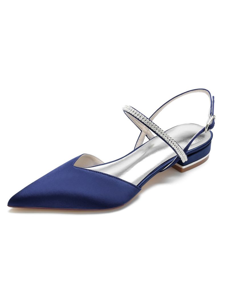 Sapatilhas Femininas Com Strass Mary Jane Slingback Em Cetim - Azul Profundo