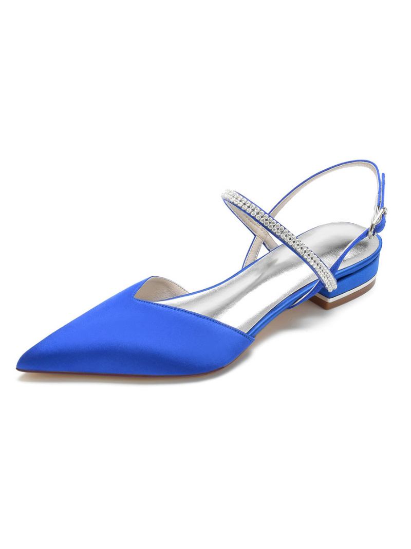 Sapatilhas Femininas Com Strass Mary Jane Slingback Em Cetim - Azul Royal