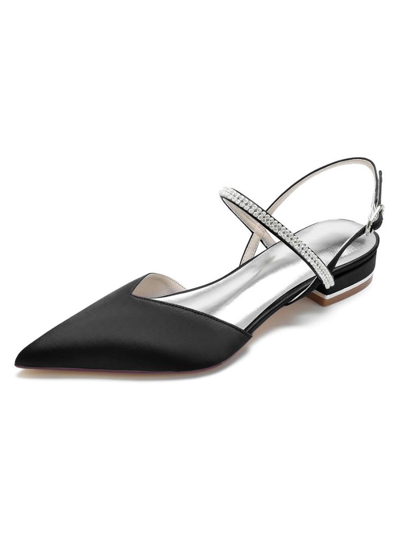 Sapatilhas Femininas Com Strass Mary Jane Slingback Em Cetim - Preto