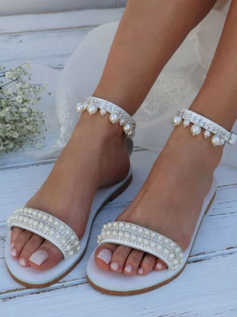 Sapatos Casamento Boho Femininos Couro Pu Bico Redondo Pérolas Sapatilhas Noiva - Branco