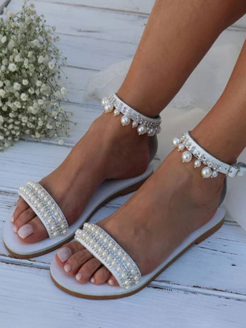 Sapatos Casamento Boho Femininos Couro Pu Bico Redondo Pérolas Sapatilhas Noiva - Branco