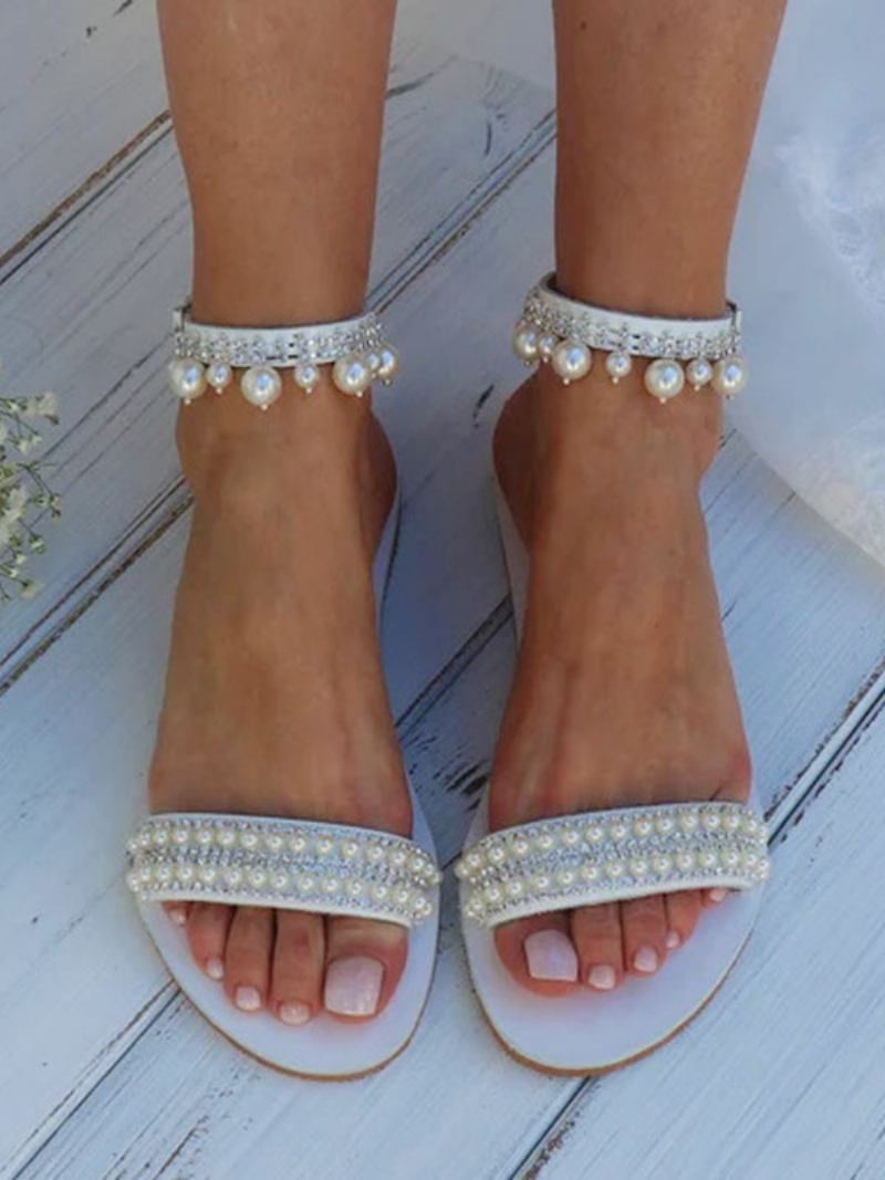 Sapatos Casamento Boho Femininos Couro Pu Bico Redondo Pérolas Sapatilhas Noiva - Branco