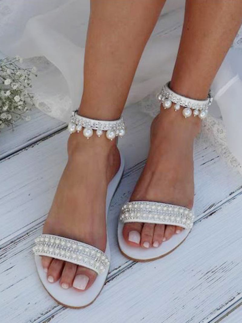 Sapatos Casamento Boho Femininos Couro Pu Bico Redondo Pérolas Sapatilhas Noiva - Branco