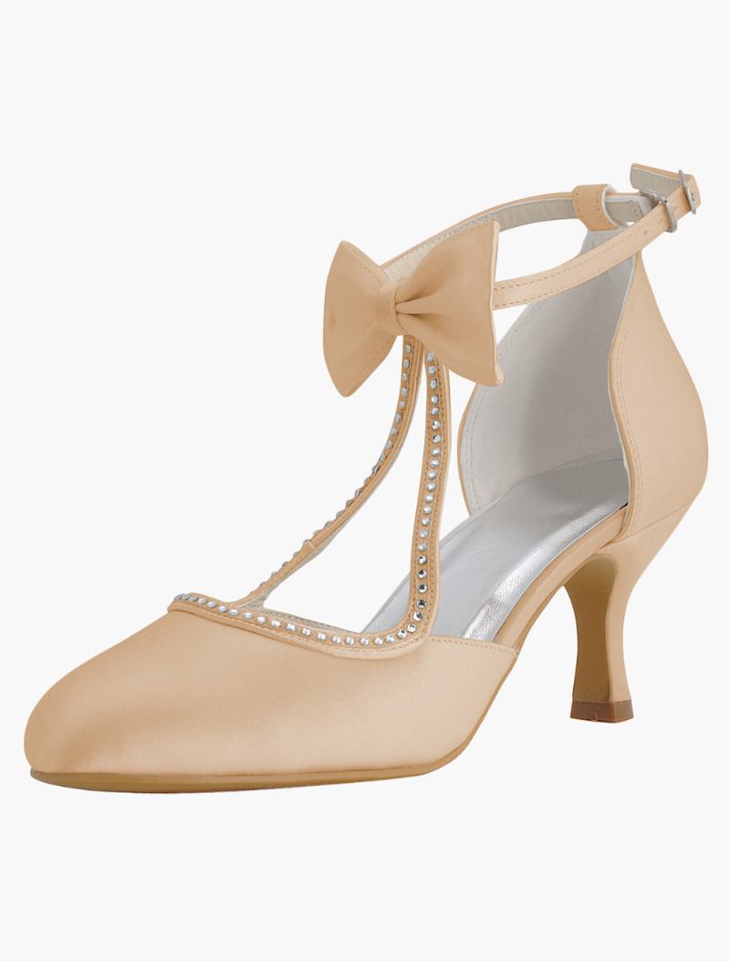 Sapatos Casamento Branco Feminino Cetim Bico Fino Arco Noiva Vintage - Champanhe