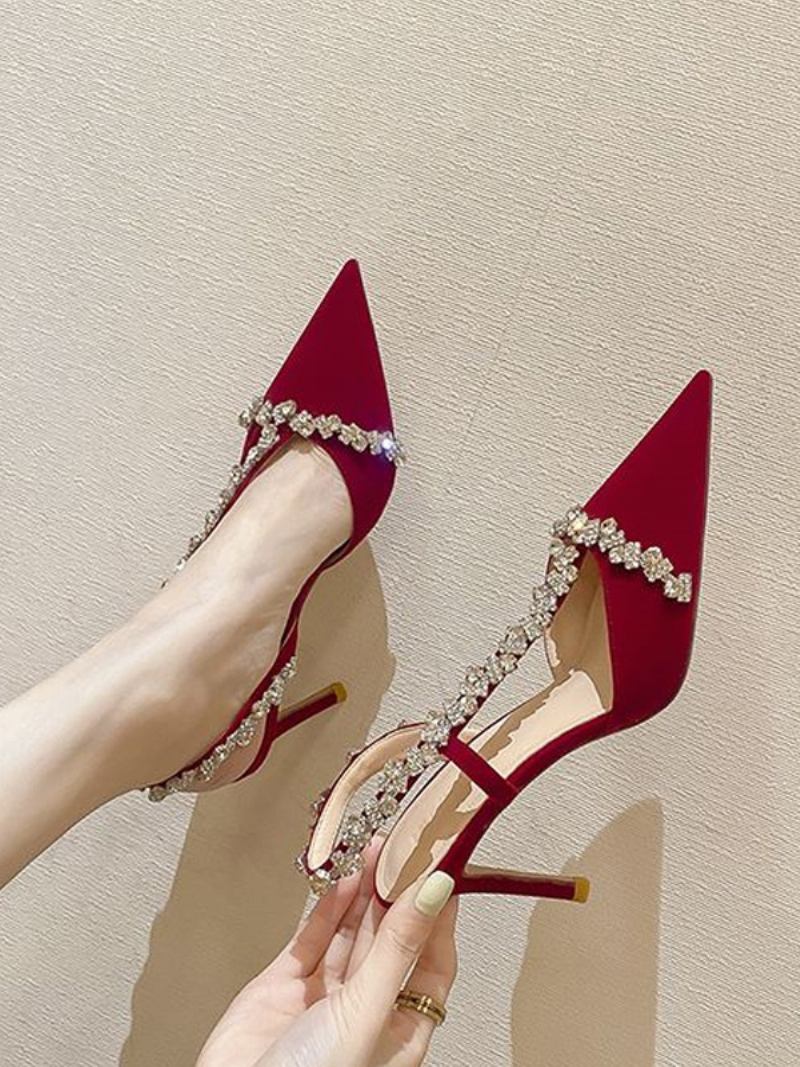 Sapatos Casamento Brancos Femininos Cetim Bico Fino Com Strass Baile - Borgonha