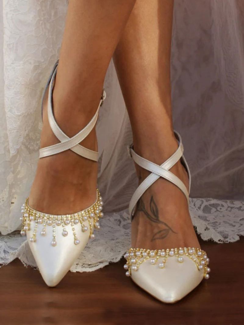 Sapatos Casamento Brancos Femininos Couro Pu Bico Fino Pérolas Bombas Noiva - Branco