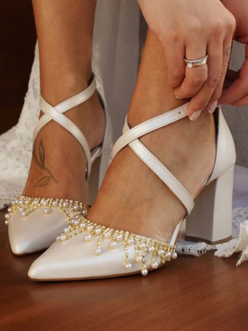 Sapatos Casamento Brancos Femininos Couro Pu Bico Fino Pérolas Bombas Noiva - Branco