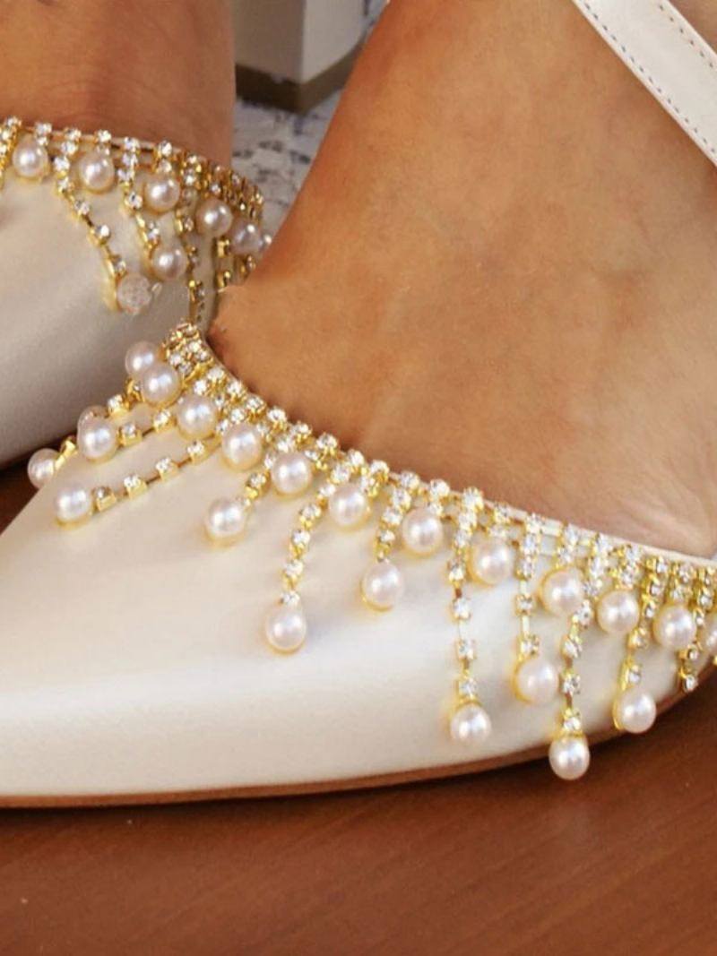 Sapatos Casamento Brancos Femininos Couro Pu Bico Fino Pérolas Bombas Noiva - Branco