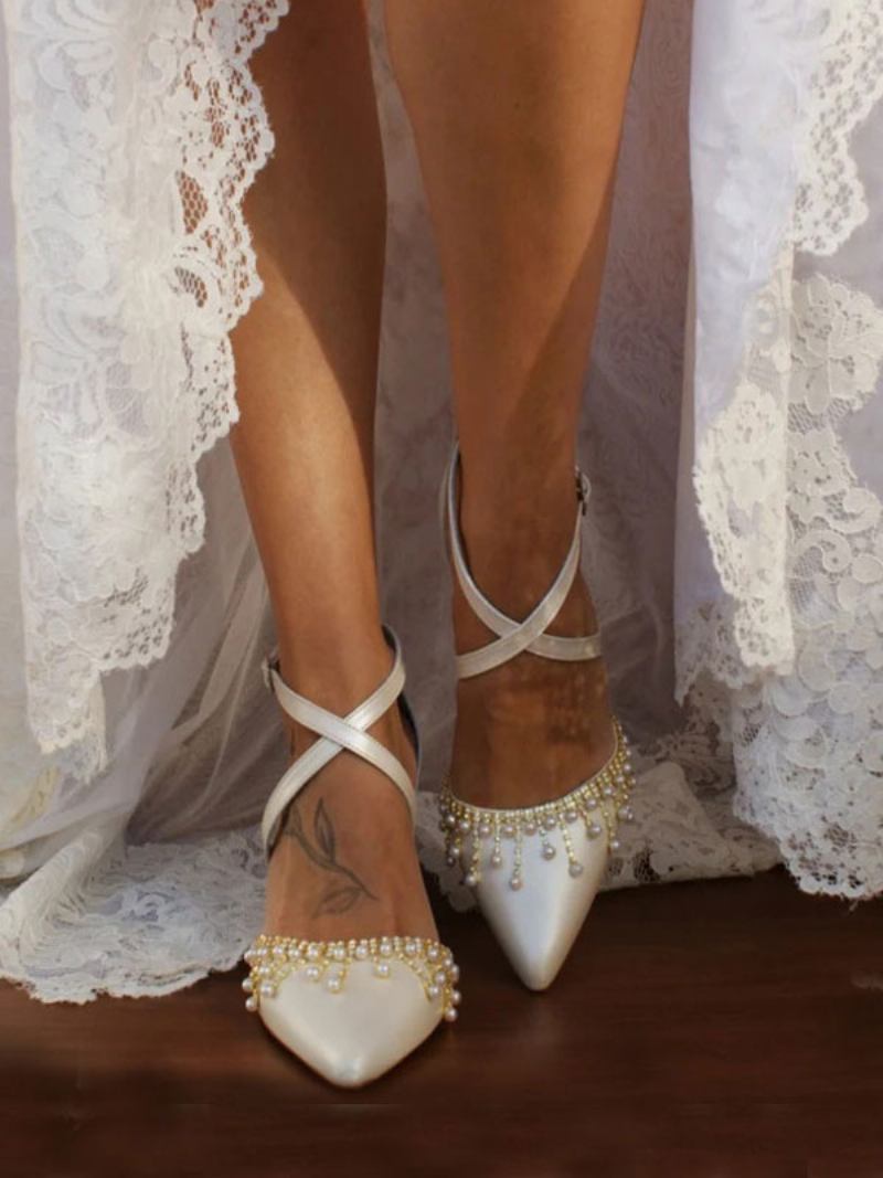 Sapatos Casamento Brancos Femininos Couro Pu Bico Fino Pérolas Bombas Noiva - Branco