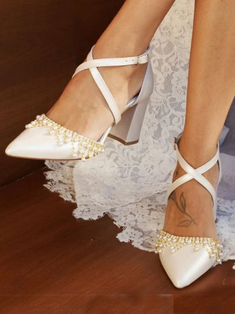 Sapatos Casamento Brancos Femininos Couro Pu Bico Fino Pérolas Bombas Noiva - Branco