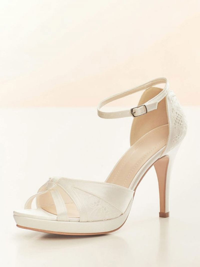 Sapatos Casamento Brancos Femininos Peep Toe Com Detalhes Em Renda E Tira No Tornozelo Bombas Noiva