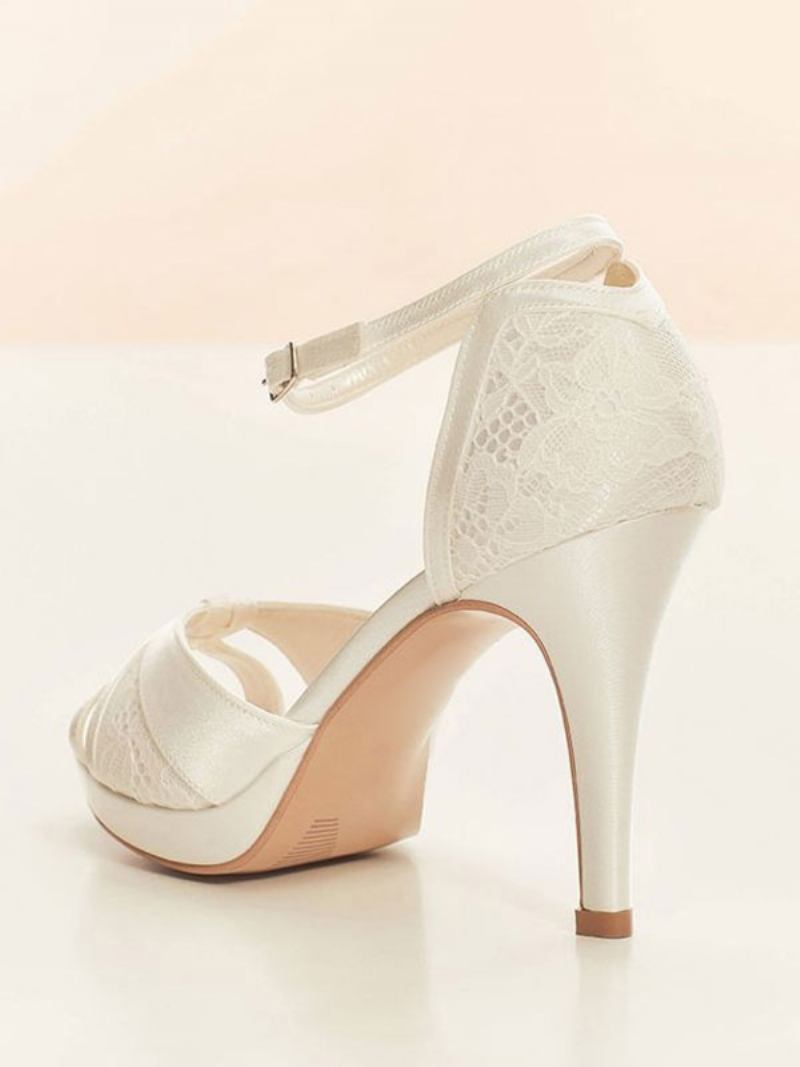 Sapatos Casamento Brancos Femininos Peep Toe Com Detalhes Em Renda E Tira No Tornozelo Bombas Noiva - Branco