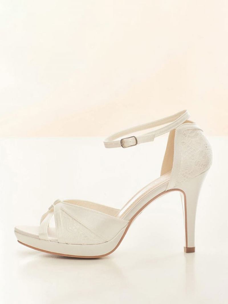 Sapatos Casamento Brancos Femininos Peep Toe Com Detalhes Em Renda E Tira No Tornozelo Bombas Noiva - Branco