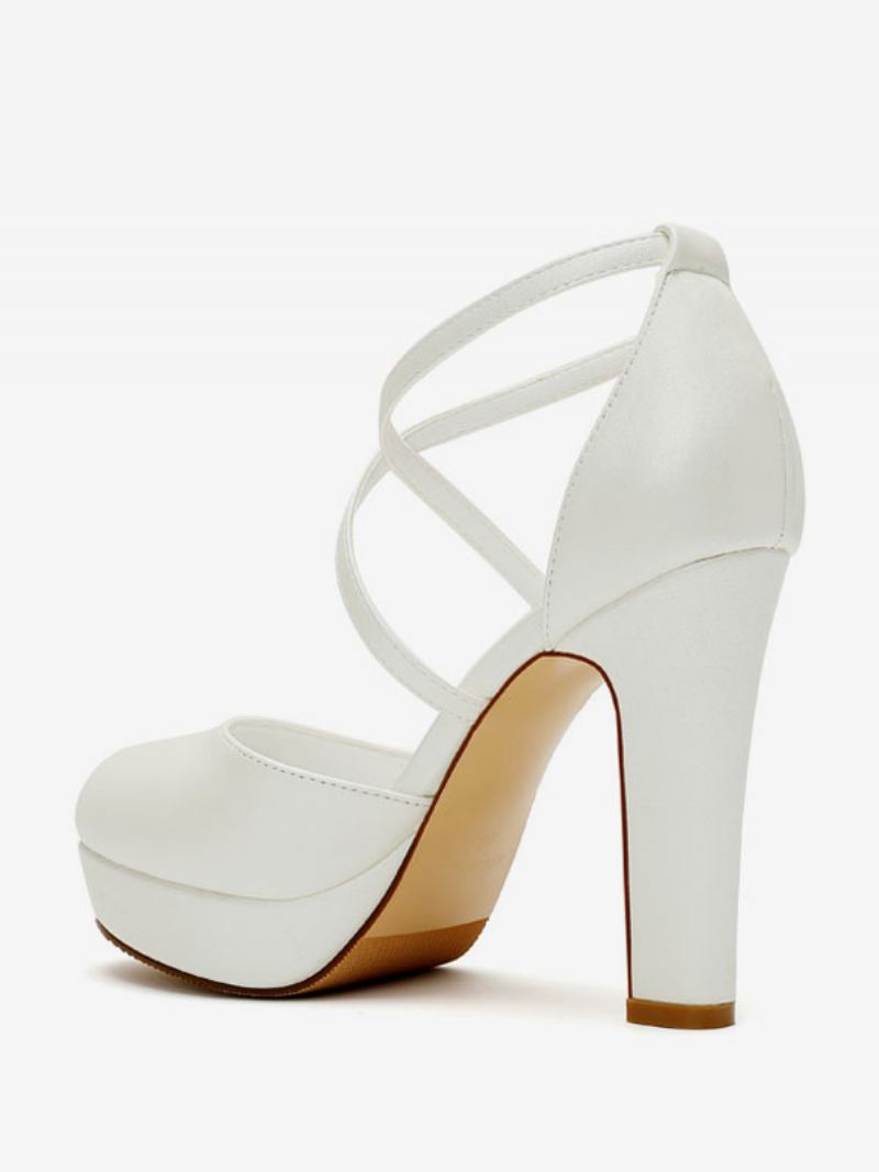 Sapatos Casamento Brancos Femininos Plataforma Cetim Bico Redondo Criss Cross Bombas Noiva - Branco