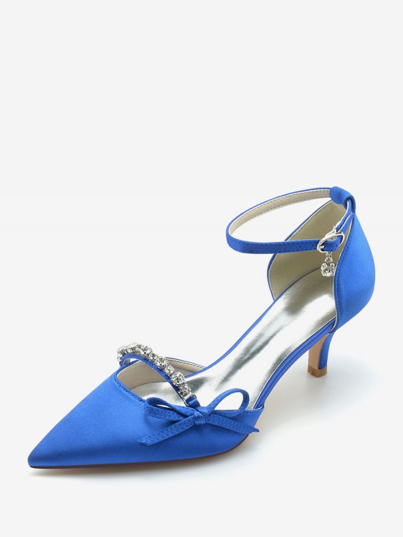 Sapatos Casamento Cetim Feminino Bico Fino Strass Arco Bombas Noiva - Azul Royal