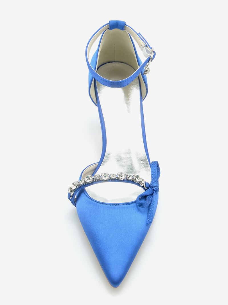 Sapatos Casamento Cetim Feminino Bico Fino Strass Arco Bombas Noiva - Azul Royal