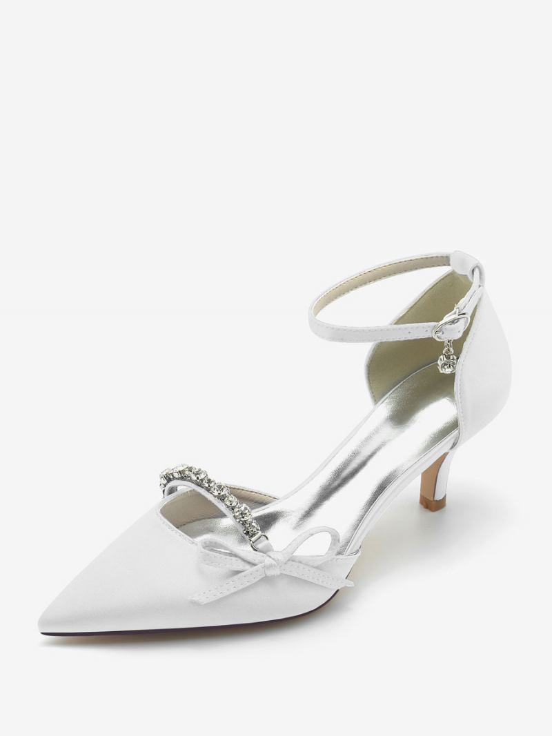 Sapatos Casamento Cetim Feminino Bico Fino Strass Arco Bombas Noiva - Branco