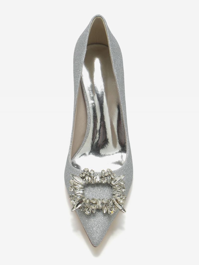 Sapatos Casamento Feminino Bombas Noiva Pano Lantejoulas Strass Bico Fino - Prata