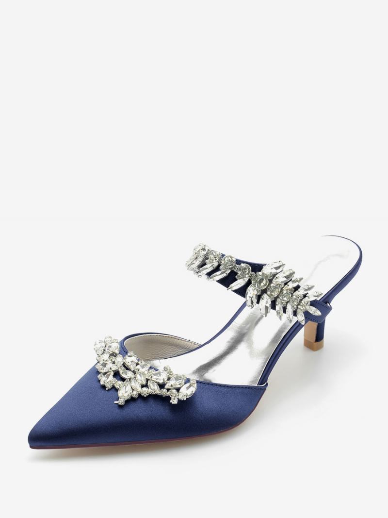 Sapatos Casamento Feminino Bombas Noiva Seda E Cetim Bico Fino Strass - Azul Profundo