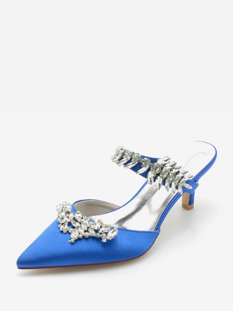 Sapatos Casamento Feminino Bombas Noiva Seda E Cetim Bico Fino Strass - Azul Royal