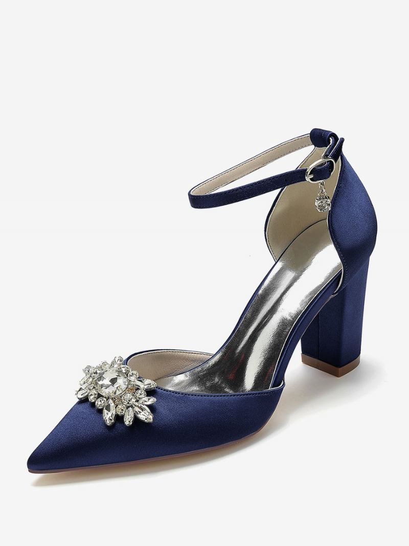 Sapatos Casamento Feminino Bombas Noiva Seda E Cetim Bico Fino Strass - Azul Profundo