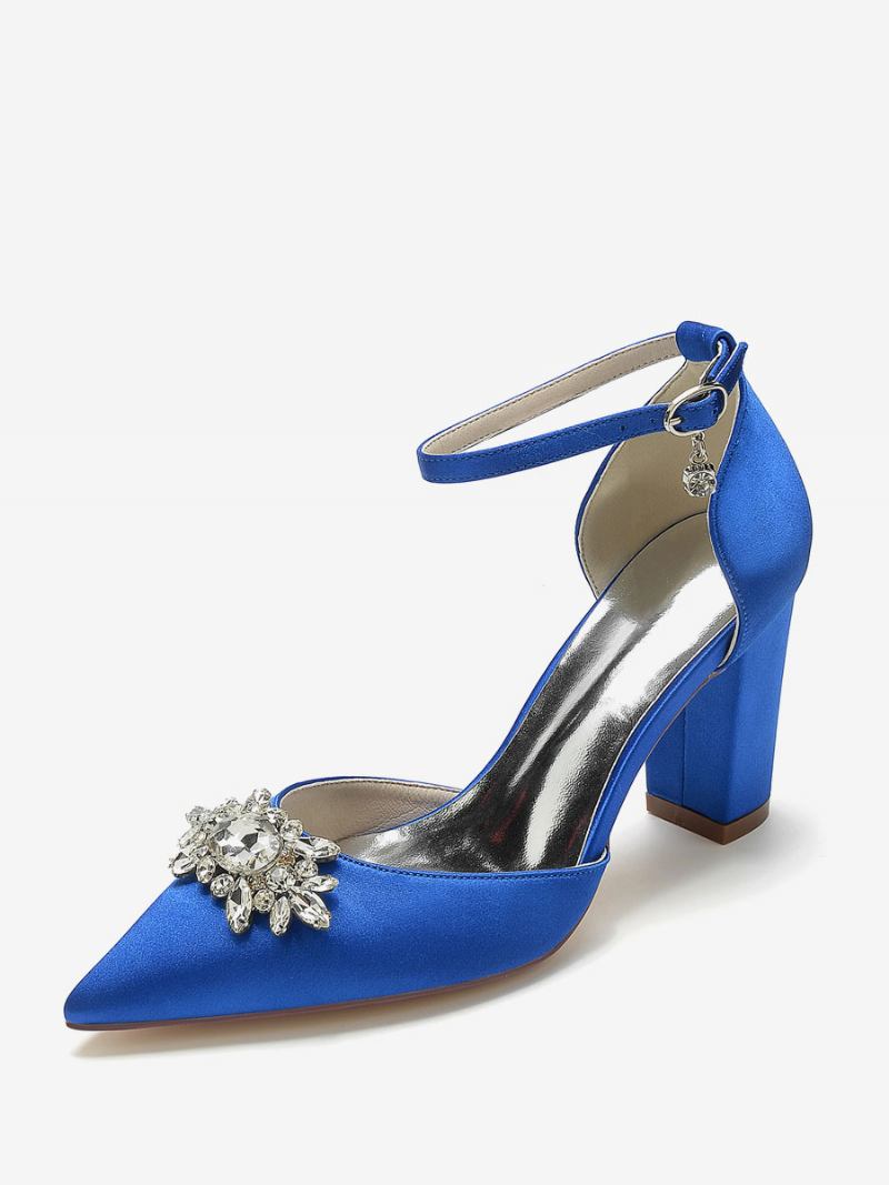 Sapatos Casamento Feminino Bombas Noiva Seda E Cetim Bico Fino Strass - Azul Royal