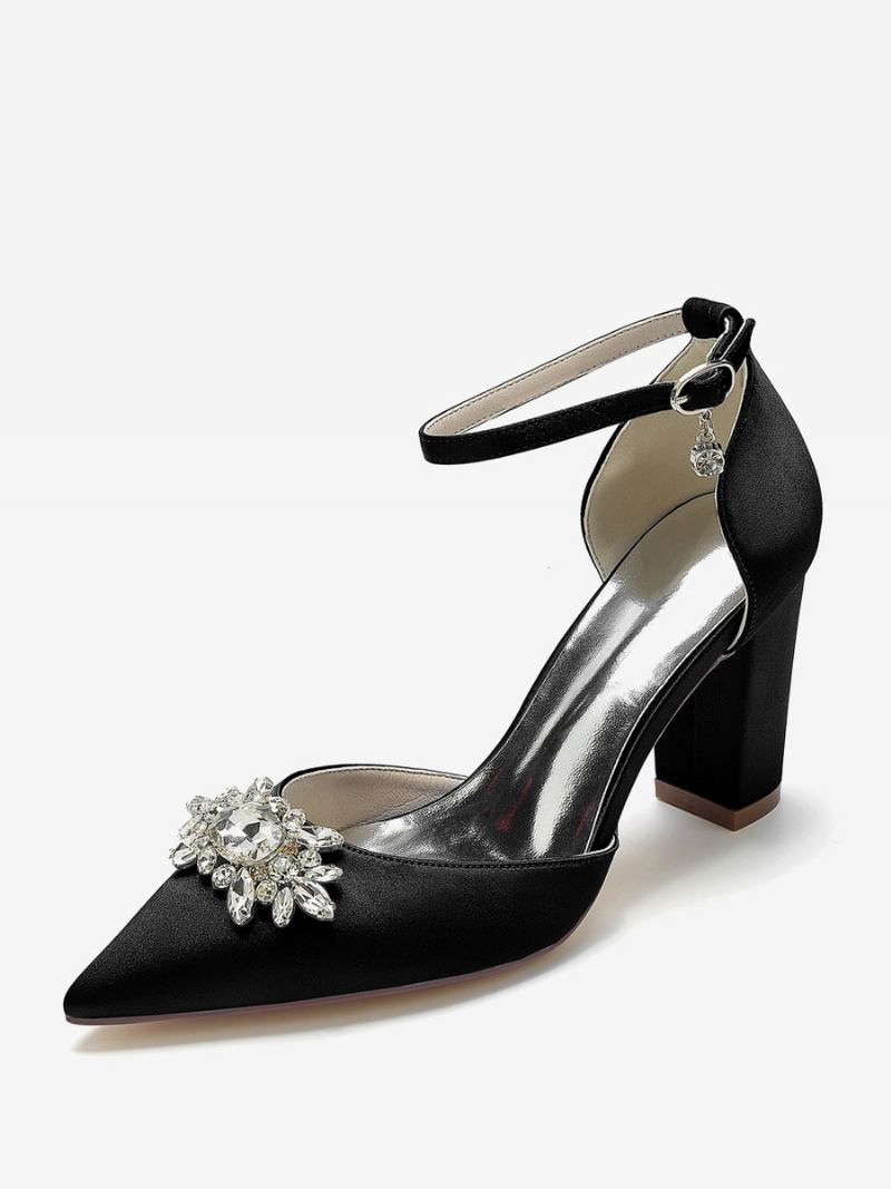 Sapatos Casamento Feminino Bombas Noiva Seda E Cetim Bico Fino Strass - Preto