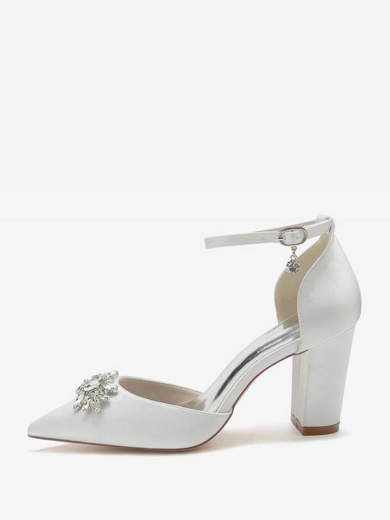 Sapatos Casamento Feminino Bombas Noiva Seda E Cetim Bico Fino Strass - Branco