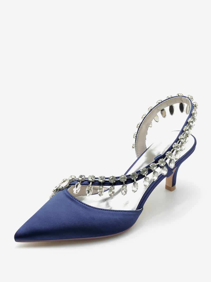 Sapatos Casamento Feminino Bombas Noiva Seda E Cetim Bico Fino Strass - Azul Profundo