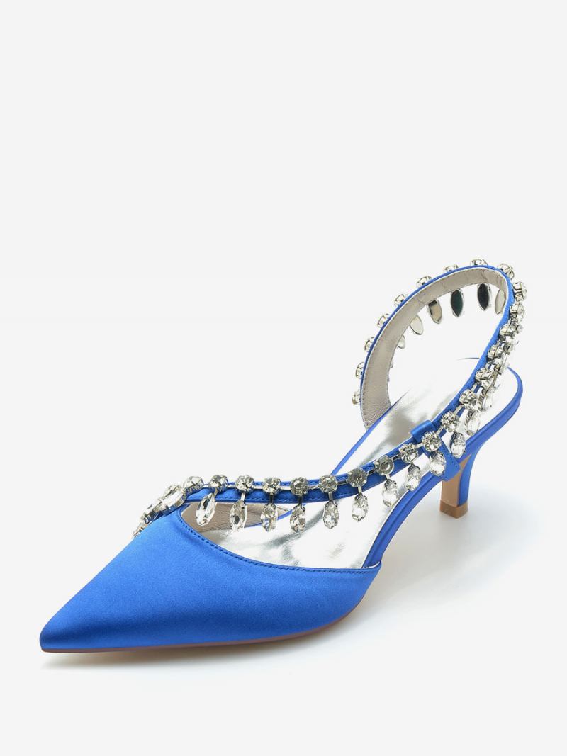 Sapatos Casamento Feminino Bombas Noiva Seda E Cetim Bico Fino Strass - Azul Royal